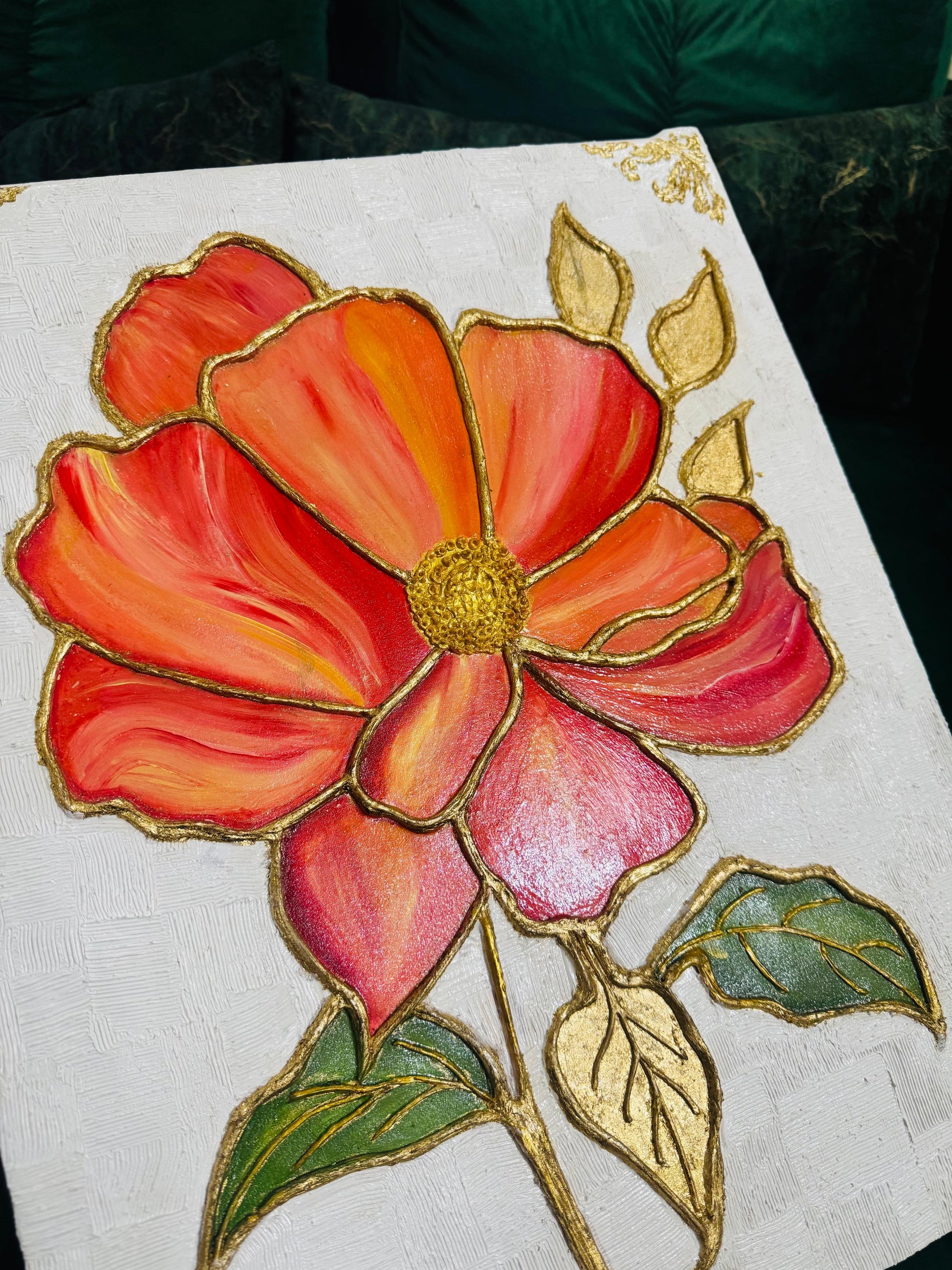 Golden Ember Bloom – Handmade Textured Floral Art on Canvas