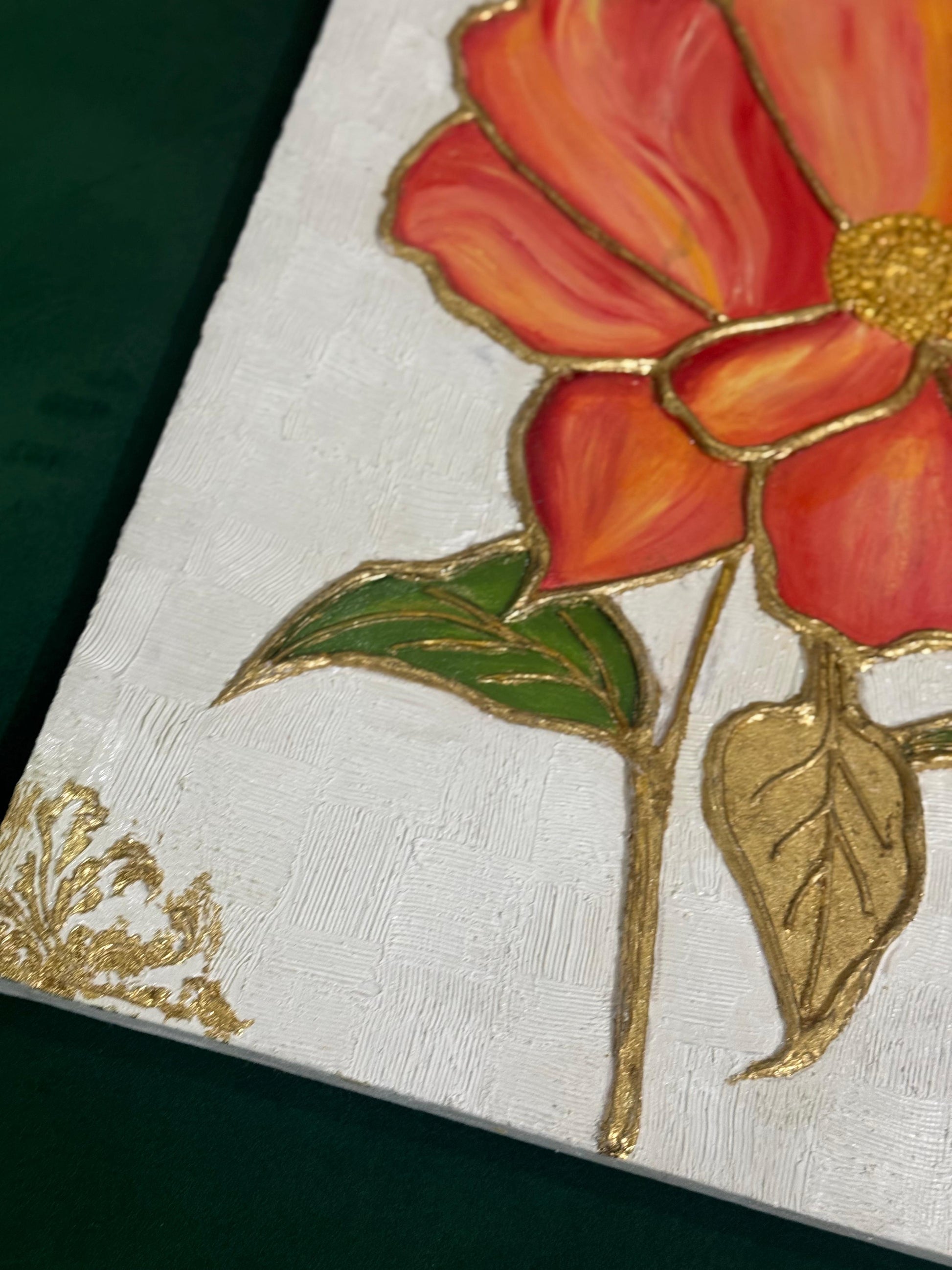 Golden Ember Bloom – Handmade Textured Floral Art on Canvas