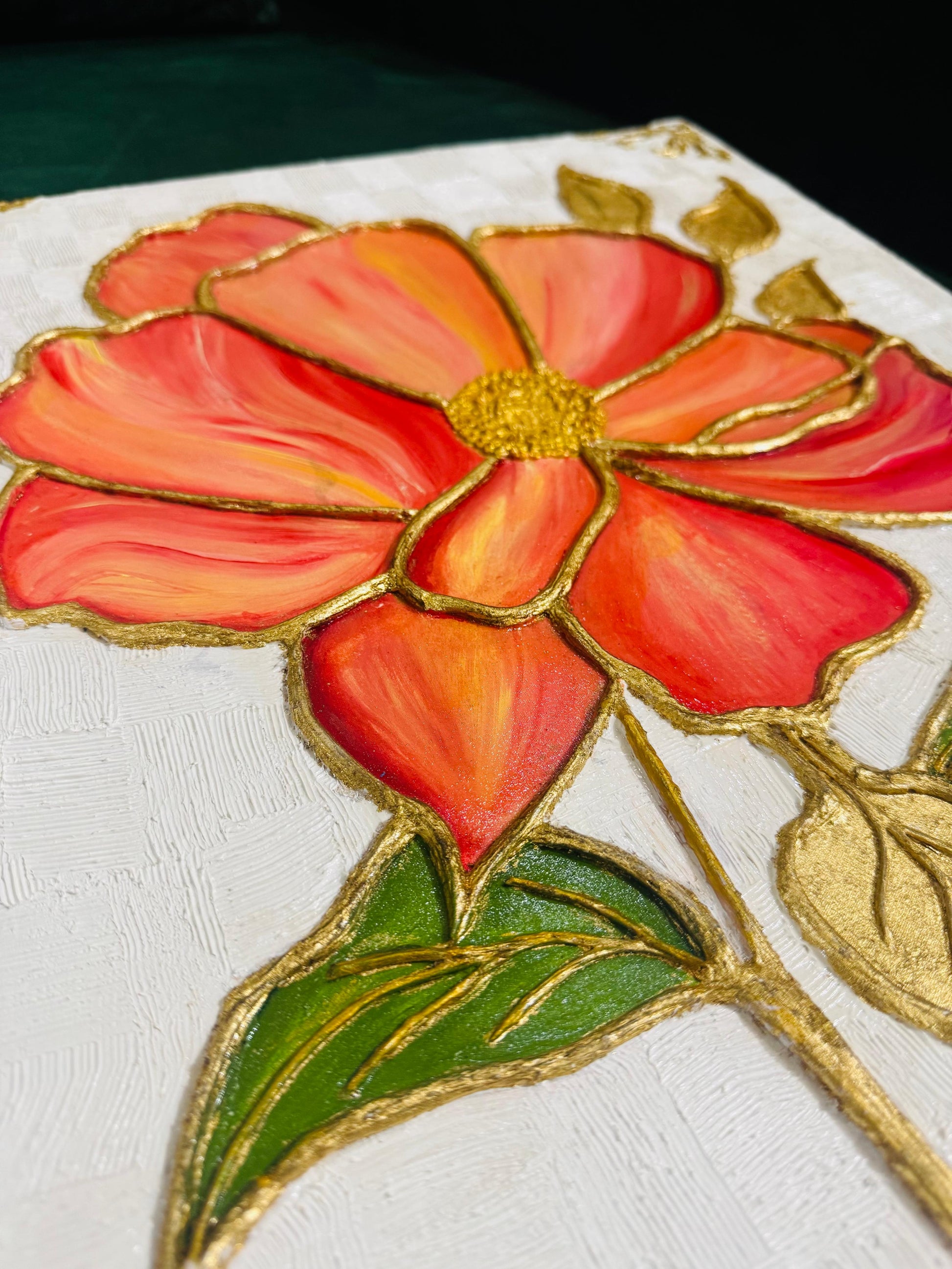 Golden Ember Bloom – Handmade Textured Floral Art on Canvas
