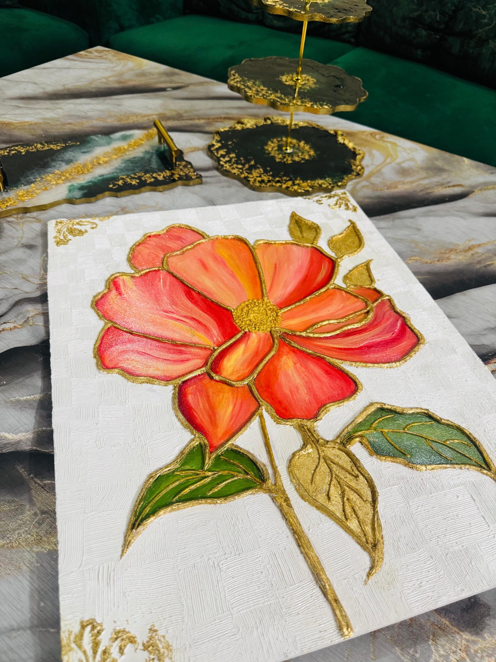 Golden Ember Bloom – Handmade Textured Floral Art on Canvas