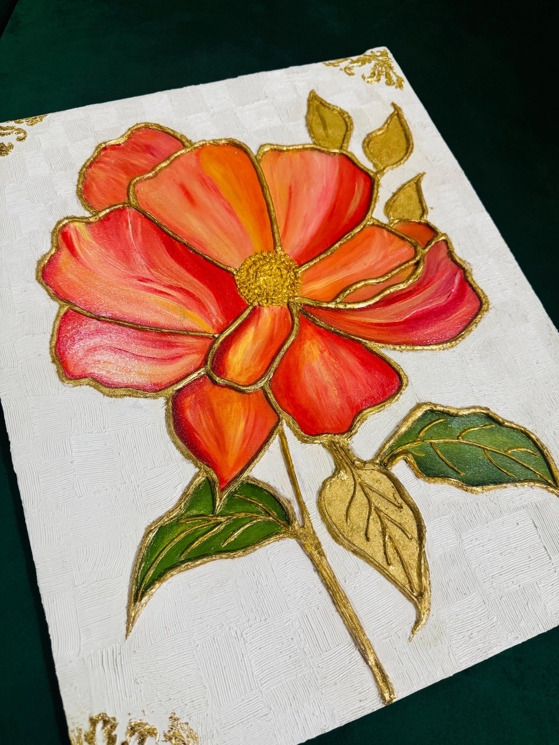 Golden Ember Bloom – Handmade Textured Floral Art on Canvas