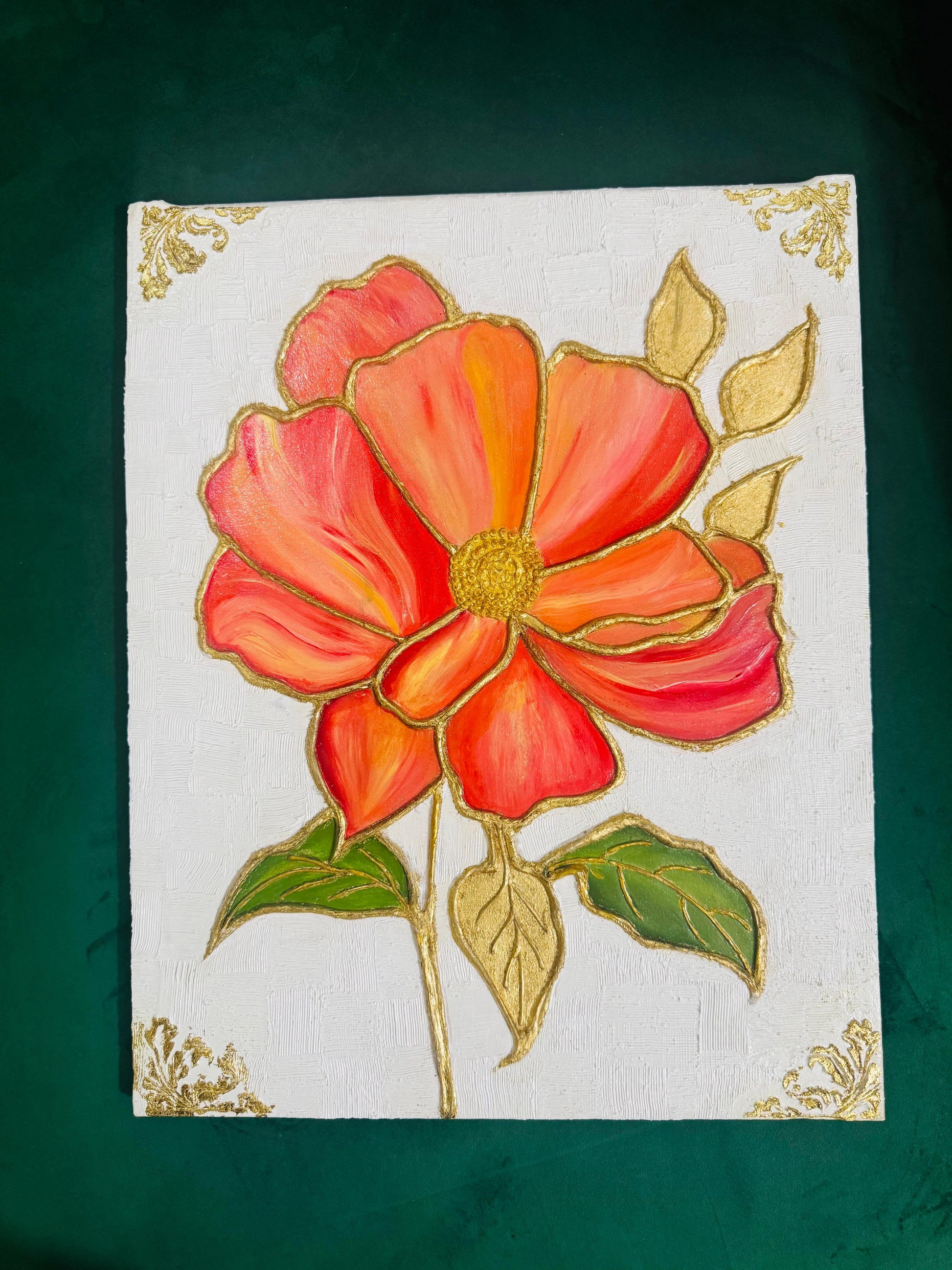 Golden Ember Bloom – Handmade Textured Floral Art on Canvas