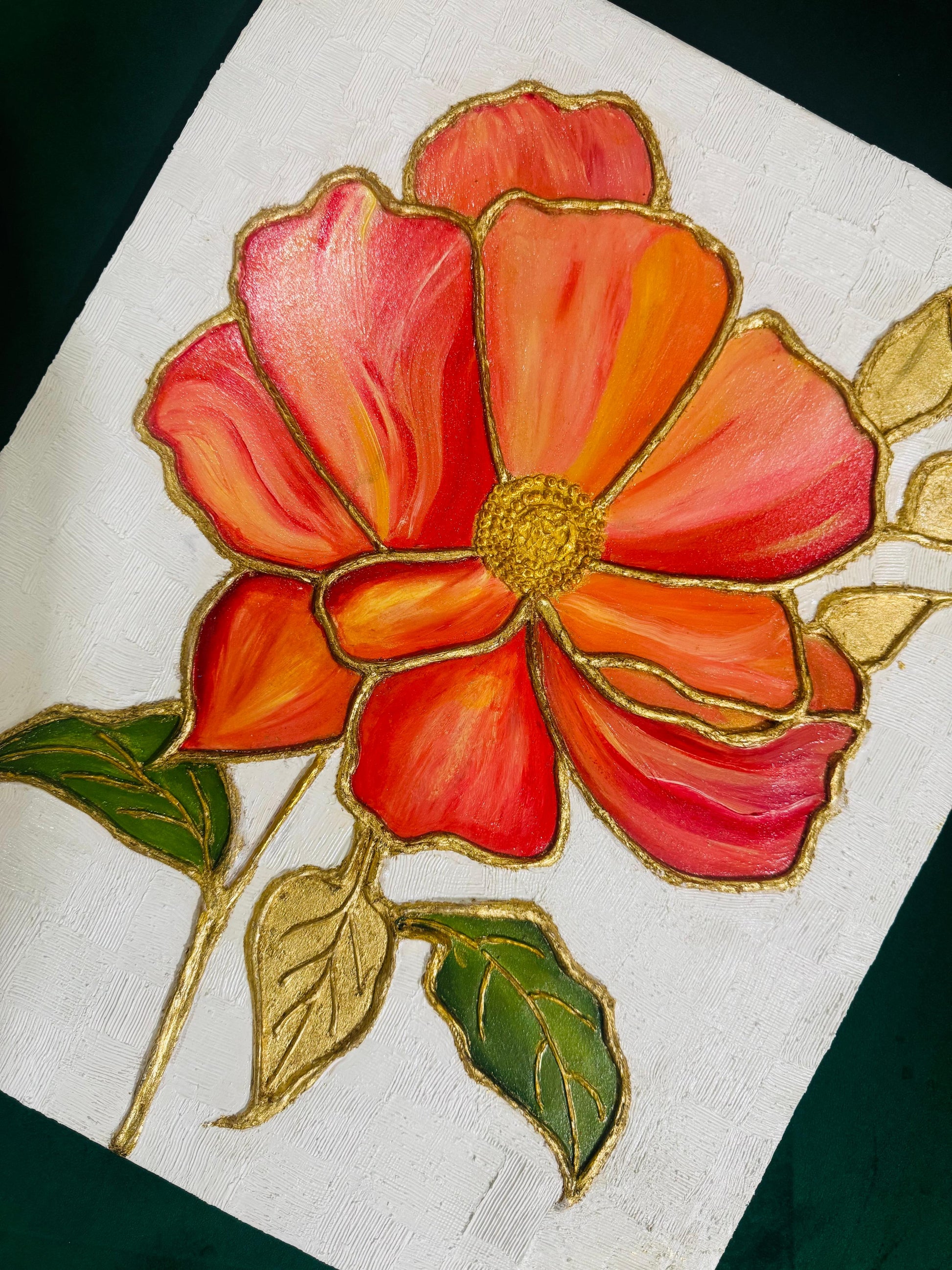 Golden Ember Bloom – Handmade Textured Floral Art on Canvas